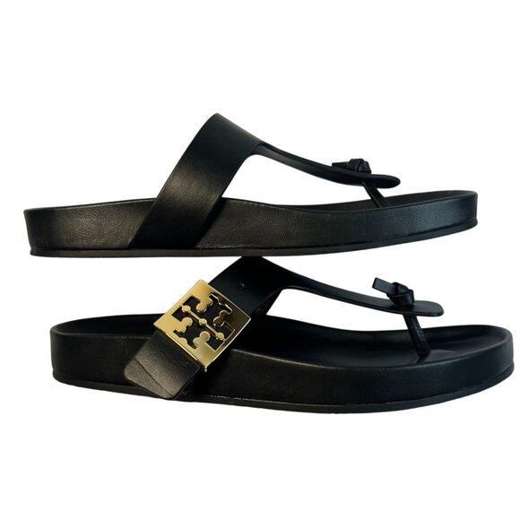 Tory Burch Mellow T-Strap Thong Sandal Size 7.5M Leather Black Slip On Open Toe - Picture 6 of 11